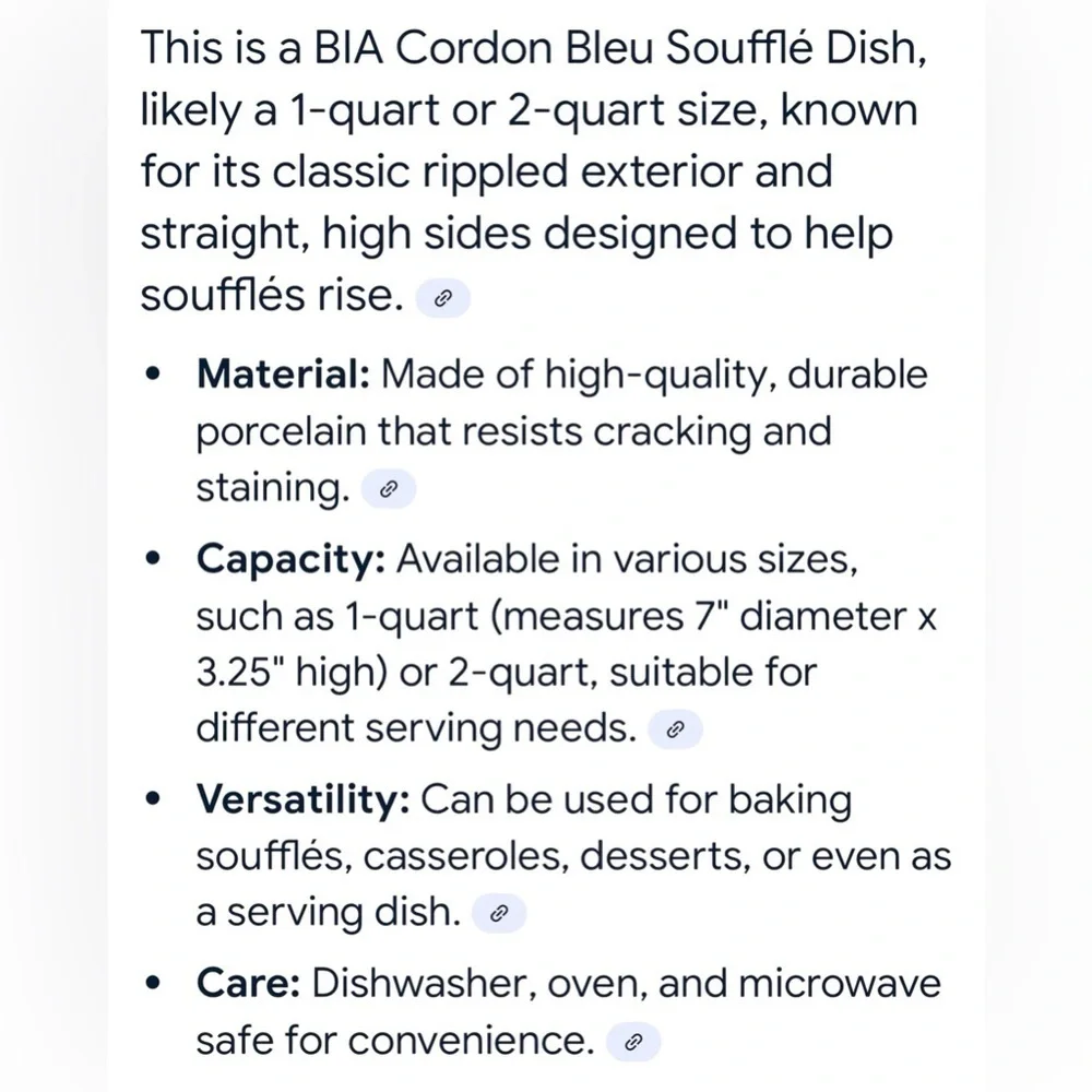 BIA Cordon Bleu 1 Quart Ceramic Blue/White Soufflé Ramekin EUC